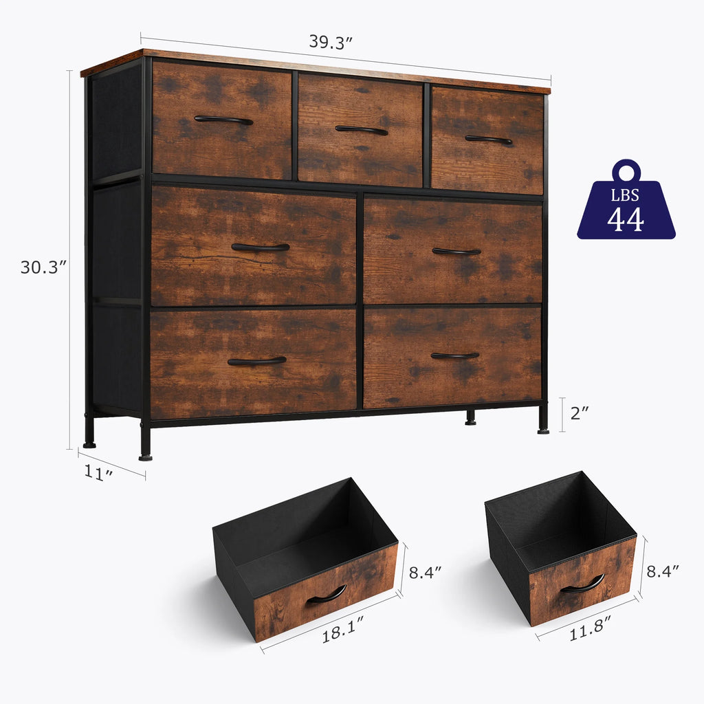 7 Drawer Dresser, Wide Chest of Drawers Nightstand Storage Tower Storage Dresser Fabric Dresser for Living Room, Bedroom, Hallway, Rustic Brown - Puck's