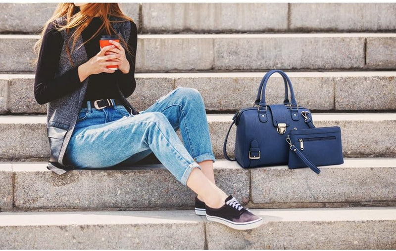 Women Barrel Handbags Fashion Satchel Bags Top Handle Shoulder Purses Vegan Leather Work Tote - Puck's