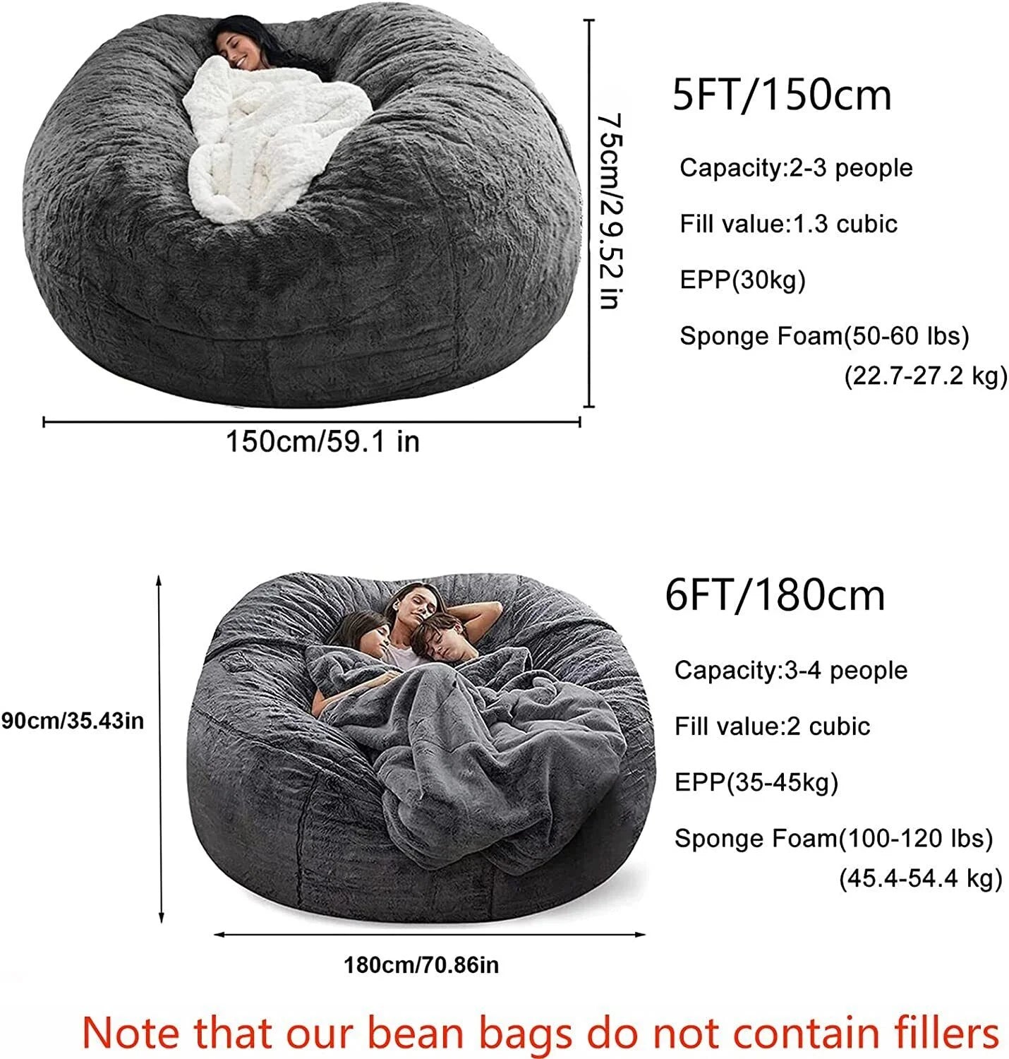 Large Sofa Sack, Ultra Soft Bean Bag Chair Cover for Living Room Lazy Lounger Chair (Stuffing Not Included), Dark Grey, 5 X 2.5 Ft - Puck's