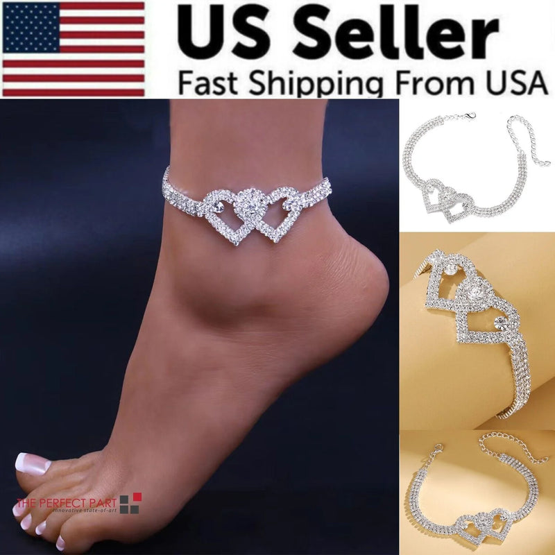 Double Heart Anklet Bracelet Love Barefoot Chain Bling Crystal Ankle Bracelet US - Puck's