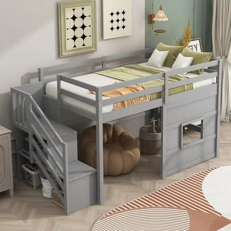 Twin Low Loft Bed with Stairs & Storage Kids Solid Pine Wood Gray Finish High Safety Guard Rails Shelves& Movable Desk Modern - Puck's