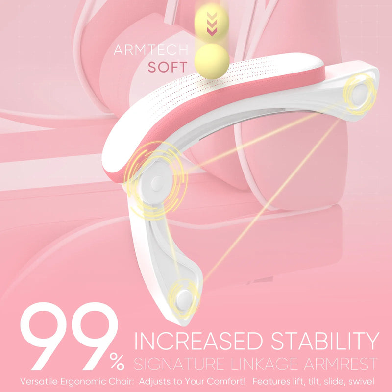 Pink Gaming Chair with Footrest, Ergonomic Game Gamer Chair with Massage Lumbar Pillow & Adjustable Headrest, High Back Office Computer Cute Bunny Ears for Adults Kids Girls, Light Pink - Puck's