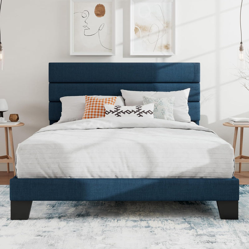 Full Platform Bed Frame with Upholstered Fabric Headboard, Mattress Foundation with Strong Wooden Slats Support, No Box Spring Needed, Blue - Puck's