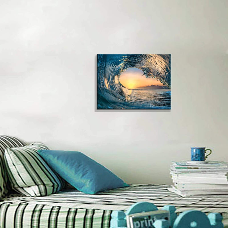 Ocean Wave Picture Wall Art: Tropical Seascape Sunset Canvas Prints for Office (16'' X 12'' X 1 Panel) - Puck's