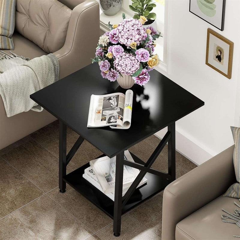 End Table 24 Inch for Living Room, Large Square Side Tables with X-Frame, Tall Industrial Bedside Nightstand with 2-Tier Storage, Black - Puck's