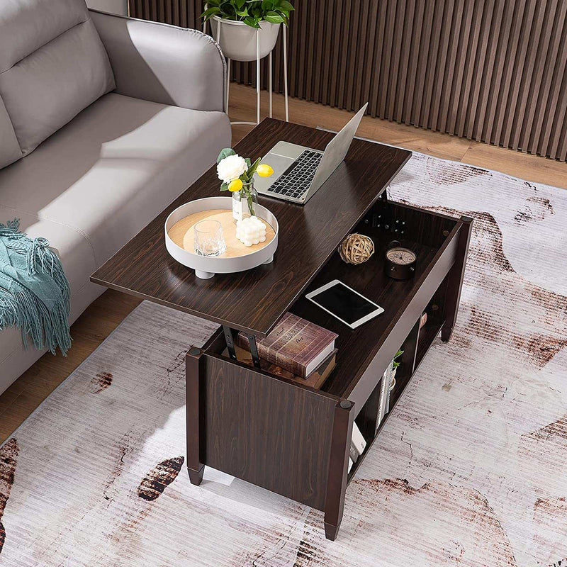 Lift Top Coffee Table, Coffee Table Converst to Dining Table Lift up Coffee Table Espresso Coffee Table Walnut Coffee Table, Coffee Table Lift Top with Hidden Compartment/3 Open Shelves - Puck's