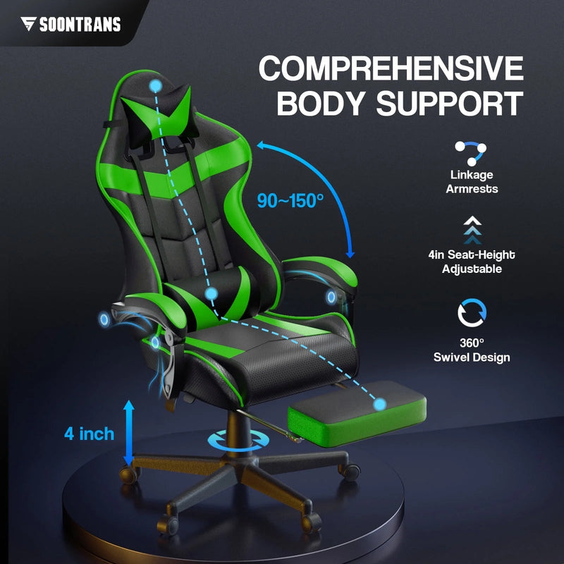 Gaming Chair Computer Chair with Footrest, Office Chair with Lumbar Massage Pillow, Racing Ergonomic Game Chair , Swivel Gamers Chair for Adults Kids, Green - Puck's