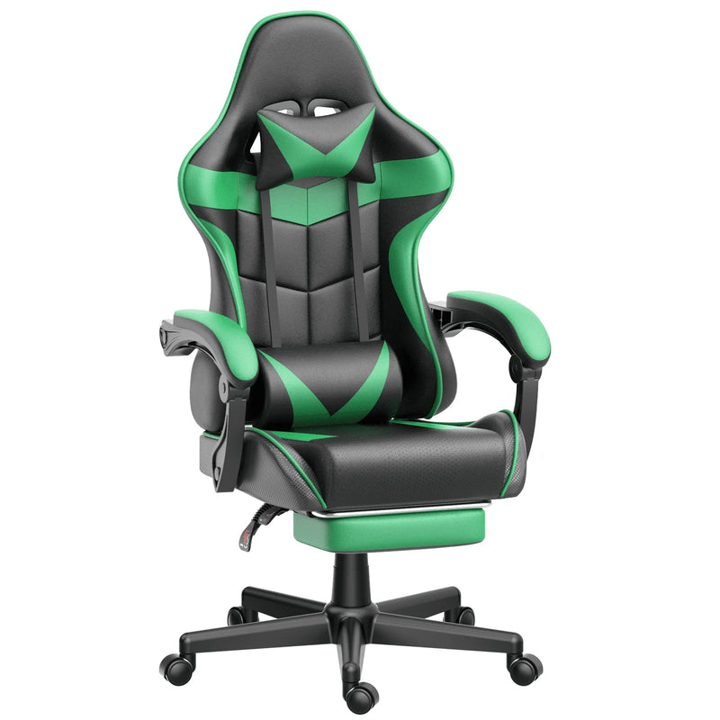 Gaming Chair with Footrest, Ergonomic Swivel Computer Game Chair, Gamer Chair with Headrest & Massage Lumbar Support, Office Desk Chairs, Green - Puck's
