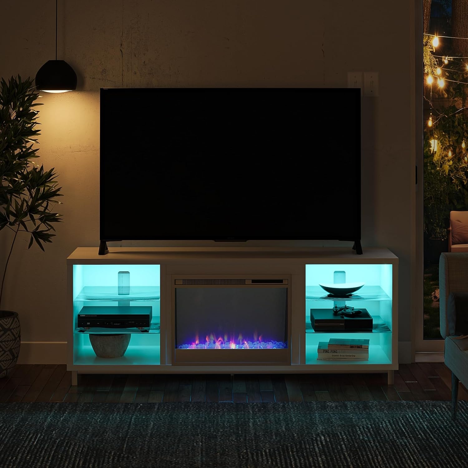 Lumina Fireplace TV Stand for Tvs up to 70 Inch, Replaceable Electric Fireplace Insert Heater, Remote Control, Timer, Color Changing LED Lights, Crystal Ember Flames, White - Puck's