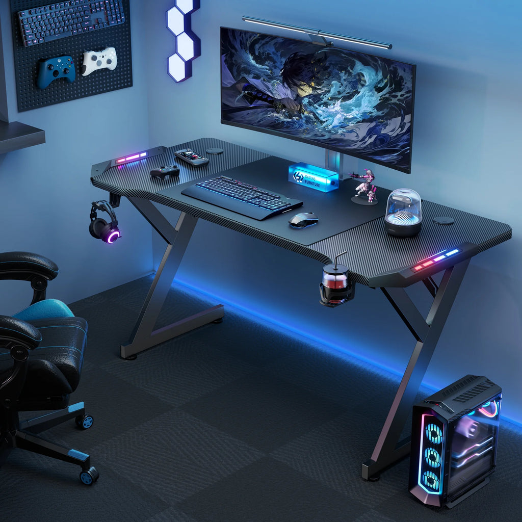 55 Inch Gaming Desk with LED, Ergonomic Computer Table for Adult and Teen, Black - Puck's
