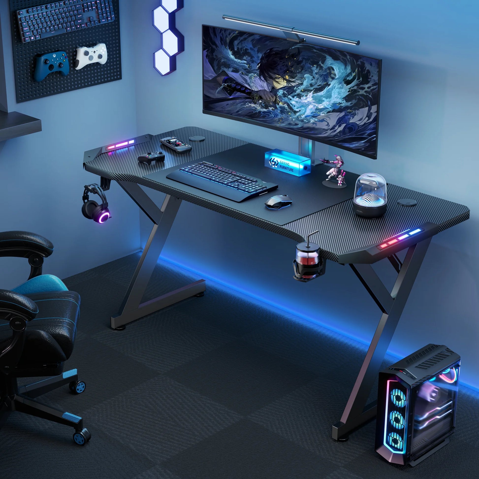 55 Inch Gaming Desk with LED, Ergonomic Computer Table for Adult and Teen, Black - Puck's
