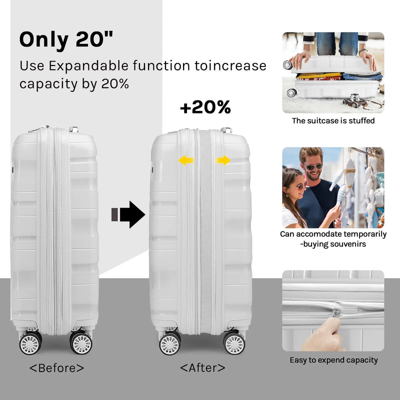 5 Piece Luggage Set PP Hardside Spinner Luggage - (Expandable Carry-On Suitcase20")( 24" 28")-White - Puck's