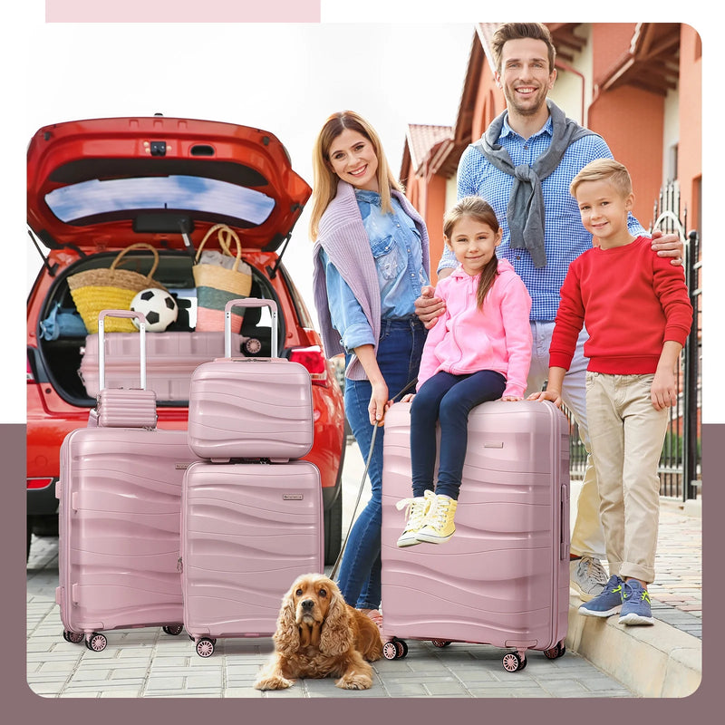 5 Piece Luggage Set PP Hardside Spinner Luggage - (Expandable Carry-On Suitcase20")(24" 28")-Rose Gold - Puck's