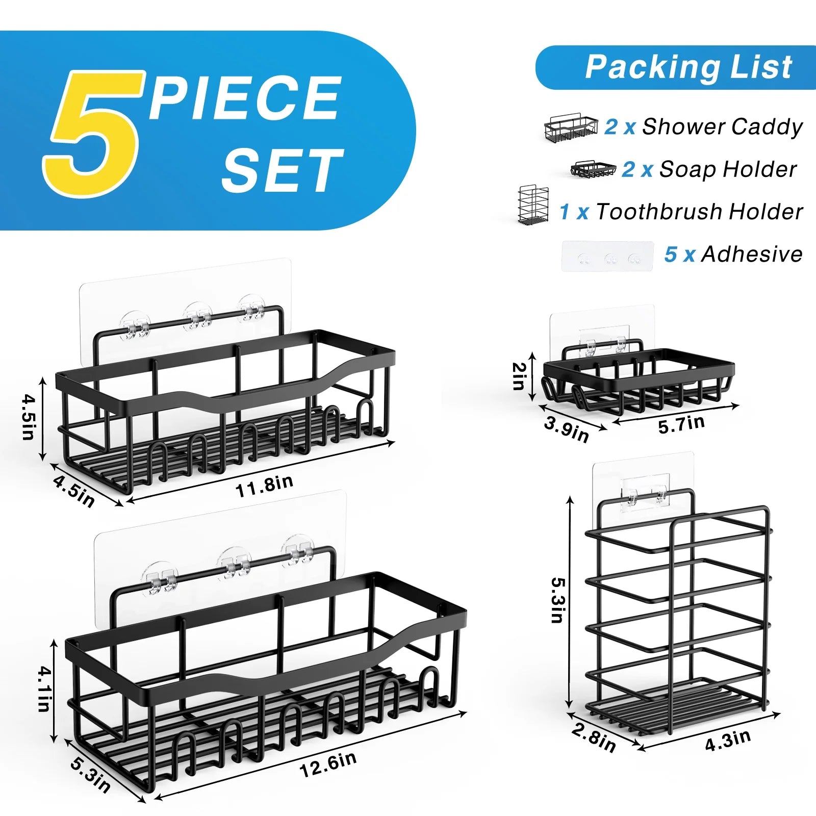 Shower Caddy, Shower Shelves 5 Pack, Adhesive Shower Organizer for Bathroom & Kitchen, No Drilling, Large Capacity, Rustproof SUS304 Stainless Steel Bathroom Organizer, Bathroom Accessories, Black - Puck's