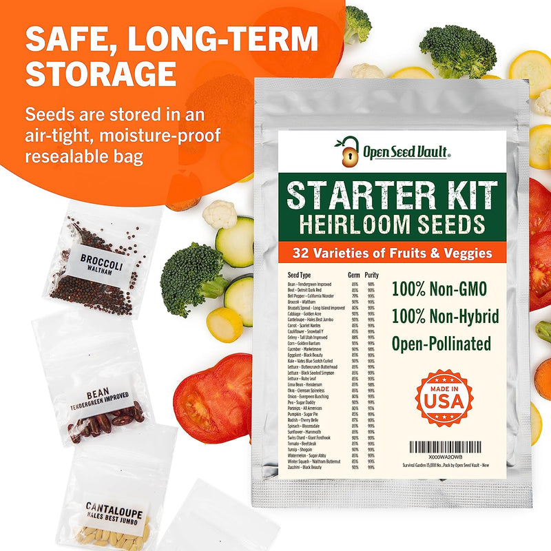 15,000 Non GMO Heirloom Vegetable Seeds for Planting Vegetables and Fruits - 32 Variety Pack of Vegetable Seeds for Gardening, Survival Gear, Seed Vault Emergency Supplies Kit - Puck's