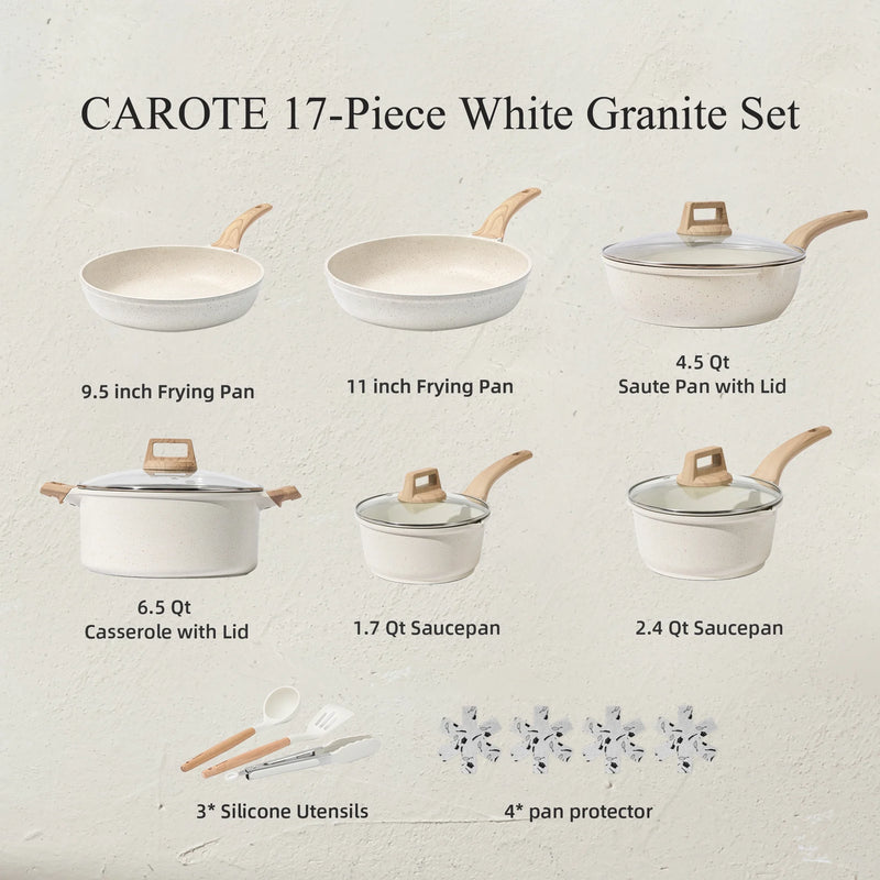 Nonstick Pots and Pans Set, 17 Pcs Granite Kitchen Cookware Sets (White) - Puck's