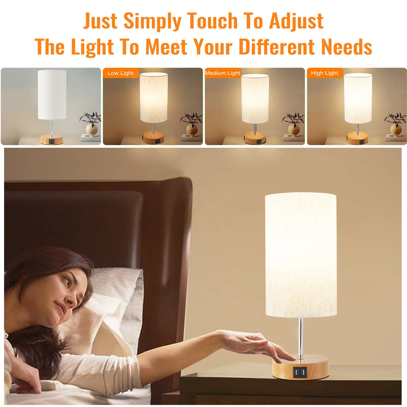 Bedside Lamp, Touch Control Table Lamp with USB A+C Charging Ports & AC Outlet 3-Way Dimmable Nightstand Lamp with Linen Fabric Shade for Bedroom Living Room with Light Bulb