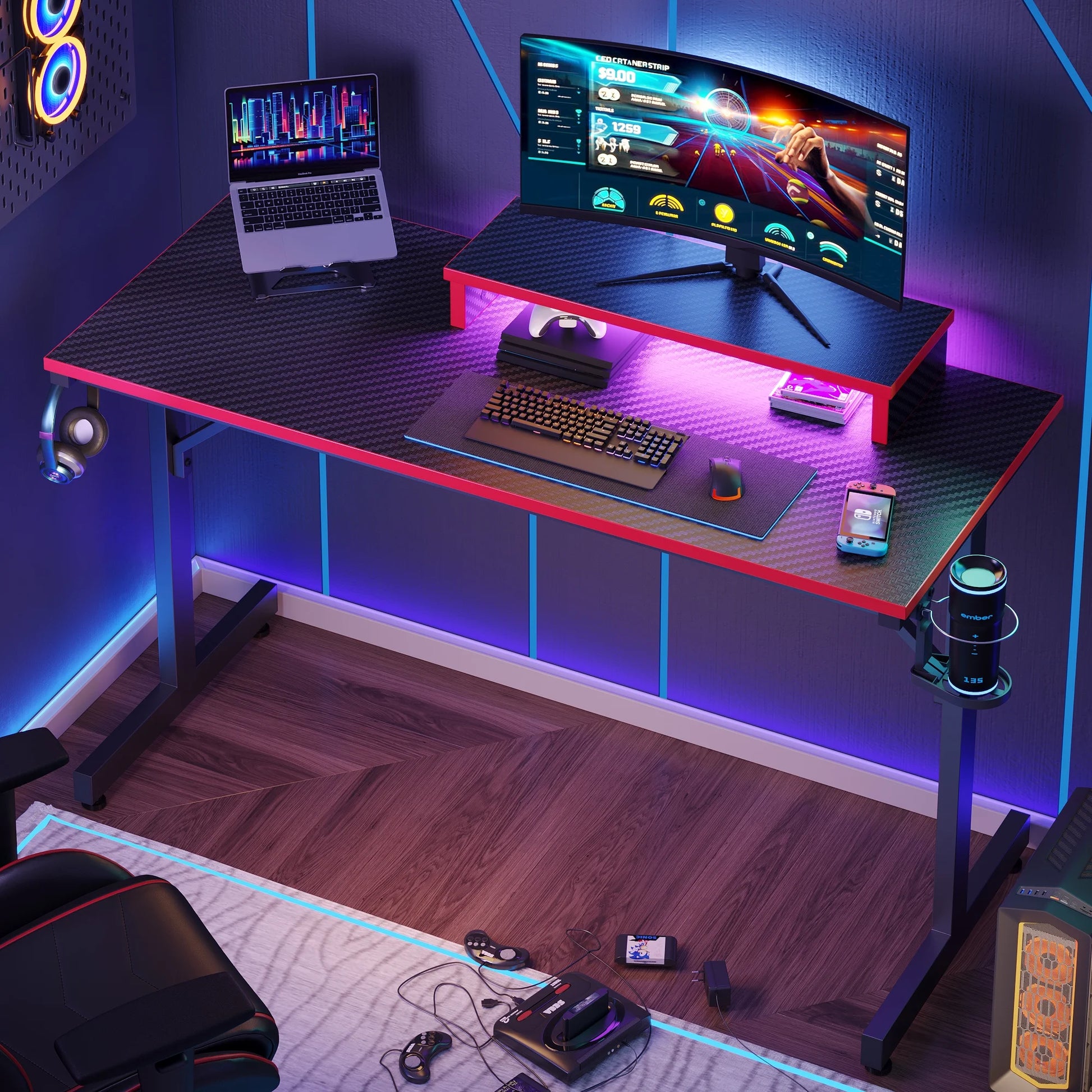 42" Gaming Desk PC Computer Office Gamer Table Desk with LED Lights & Monitor Stand in Red - Puck's