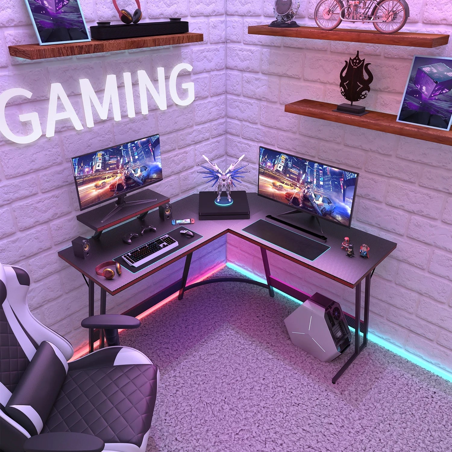 Gaming Desk L-Shaped Carbon Fiber Surface Gaming Corner Desk Table, Black - Puck's