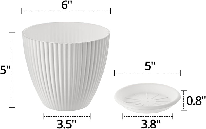 Plastic Planter Pots for Plants, 5 Pack 6 Inch Flower Pots with Drainage Holes and Saucers, Modern Stylish Indoor Outdoor Garden Pots for All Houseplants, Succulent, Home & Office Décor, White - Puck's