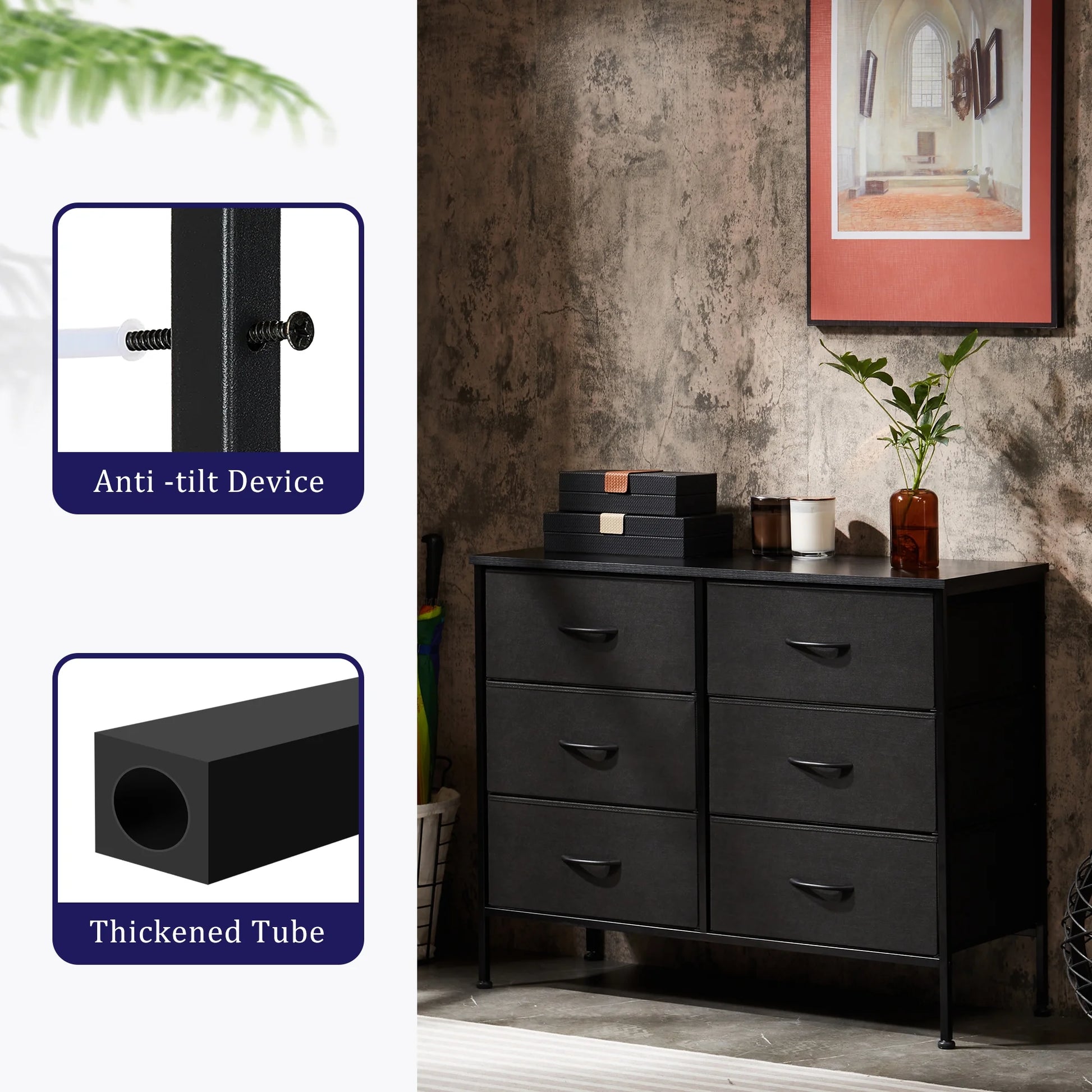 6 Drawer Dresser, Wide Chest of Drawers Nightstand Storage Tower Storage Dresser Fabric Dresser with Wood Top for Living Room, Bedroom, Hallway, Black - Puck's