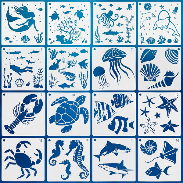 16 Pack (6X6Inch) Reusable Ocean Creatures Stencil Sea Animal Painting Stencils Laser Cut Painting Template for Floor Wall Tile Fabric Furniture Stencils Painting - Puck's
