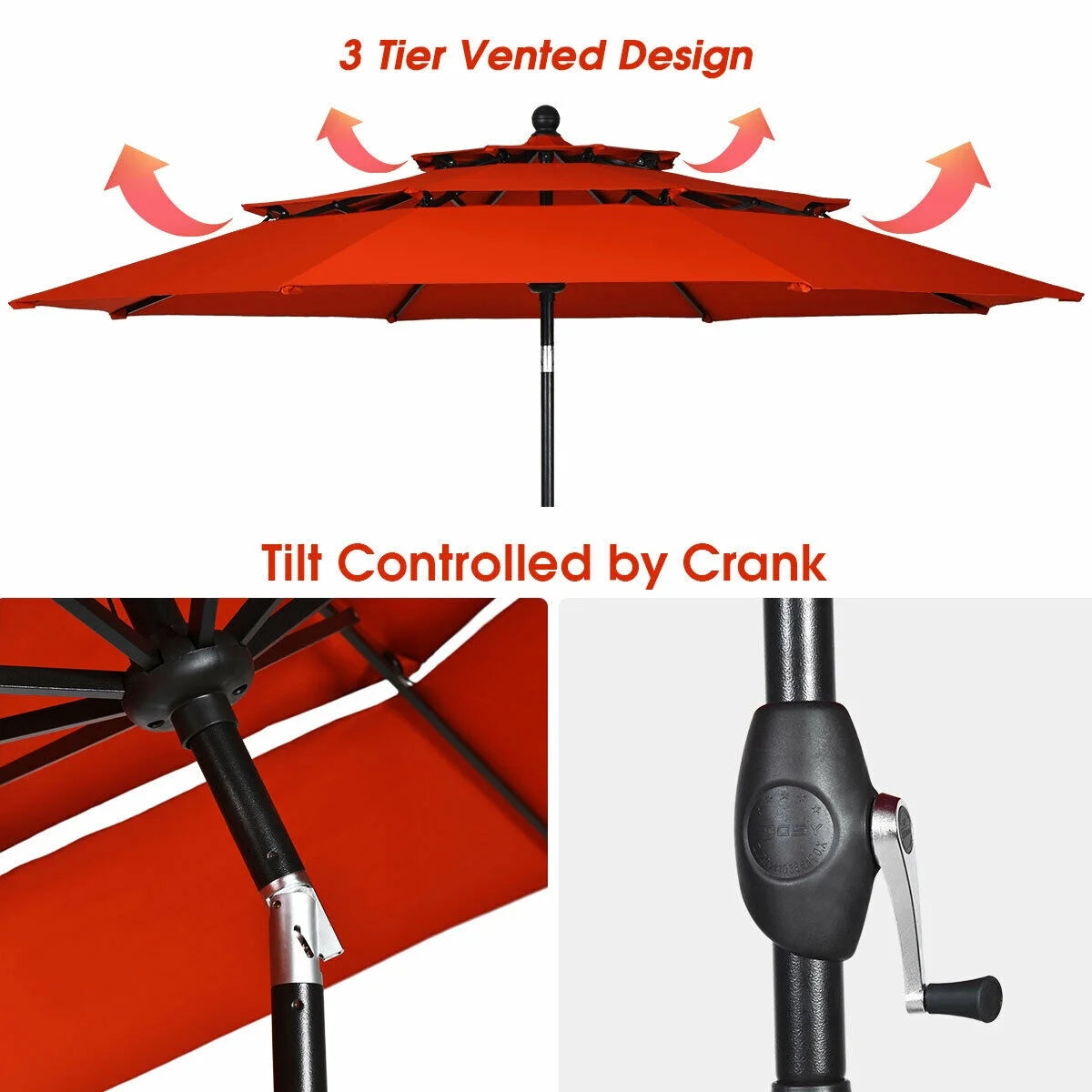 10Ft 3 Tier Patio Market Umbrella Aluminum Sunshade Shelter Double Vented Orange - Puck's