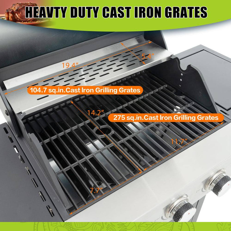 3-Burner Portable Propane Grill Stainless Steel Gas Grill in Gray with Side Burner and Thermometer