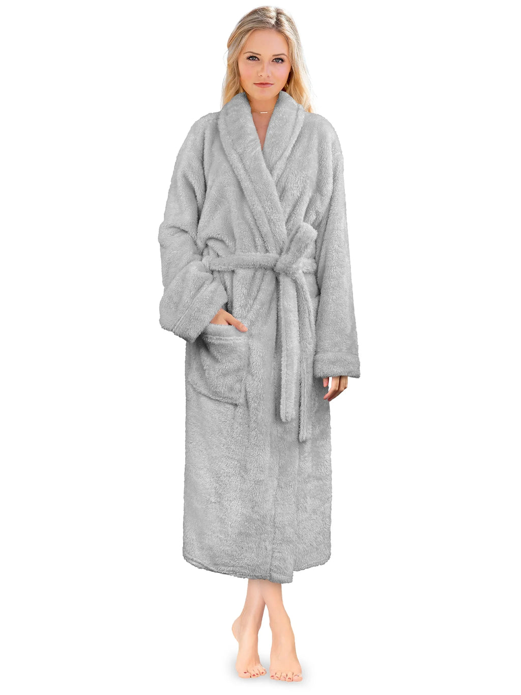 Premium Womens Plush Soft Robe Fluffy, Warm, Fleece Sherpa Shaggy Bathrobe (2XL/3XL, Light Gray)