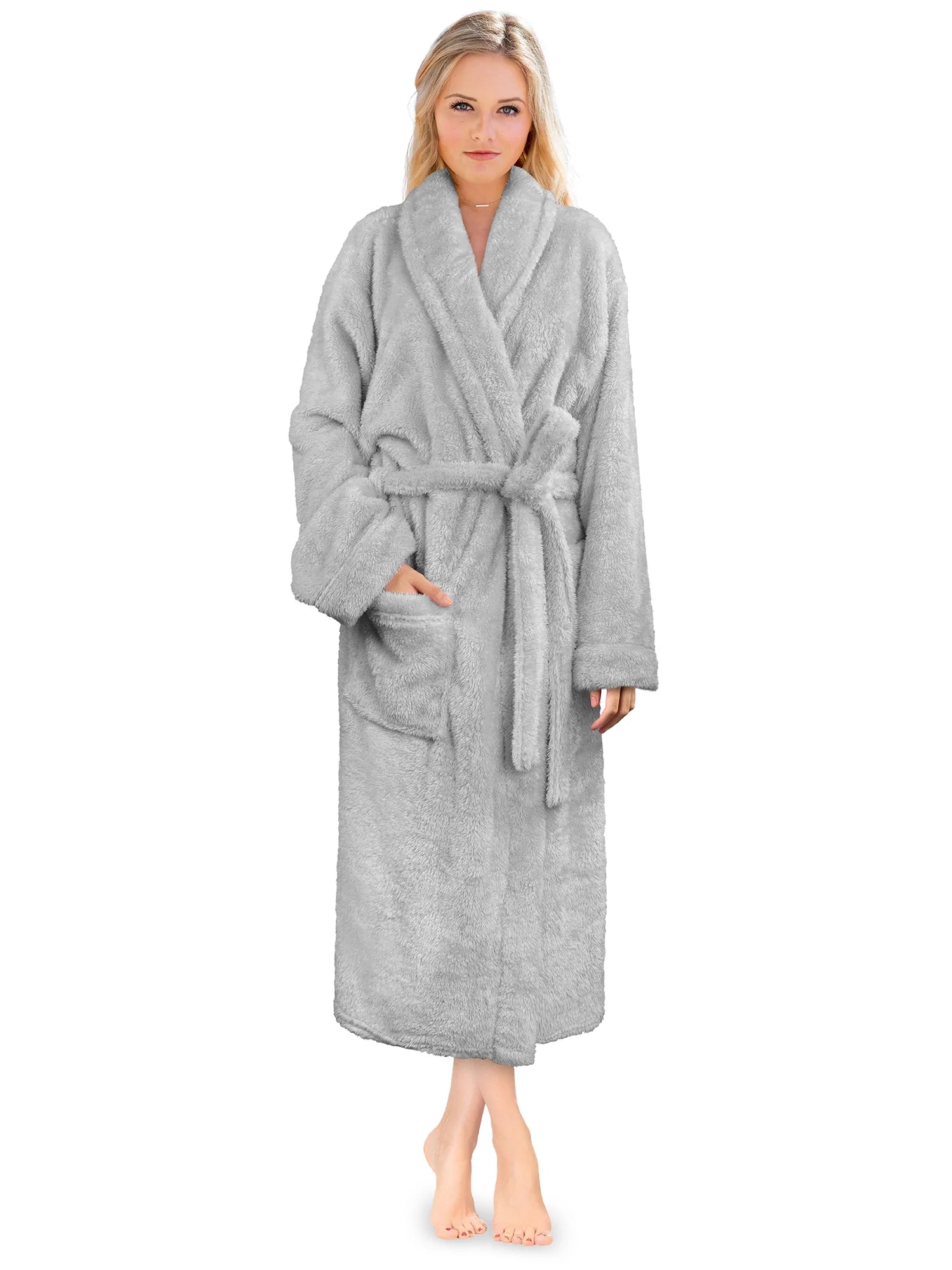 Premium Womens Plush Soft Robe Fluffy, Warm, Fleece Sherpa Shaggy Bathrobe (2XL/3XL, Light Gray)