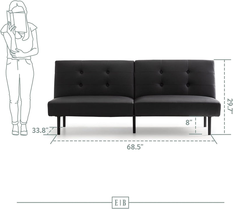 Gilman Futon - Sofa Bed Couch - Small Living Room Furniture - Armless Black Faux Leather - Puck's