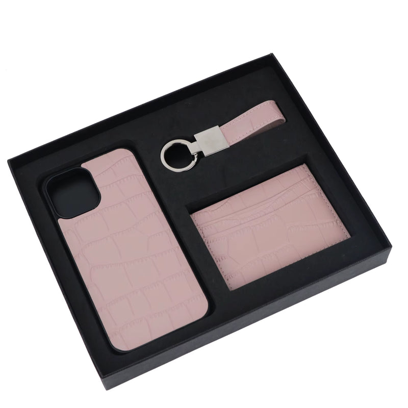 Customized Initials Gift Set Crocodile Pattern Leather Phone Case for Iphone Keychain Card Holder Gift Box Set Business Gift Set - Puck's