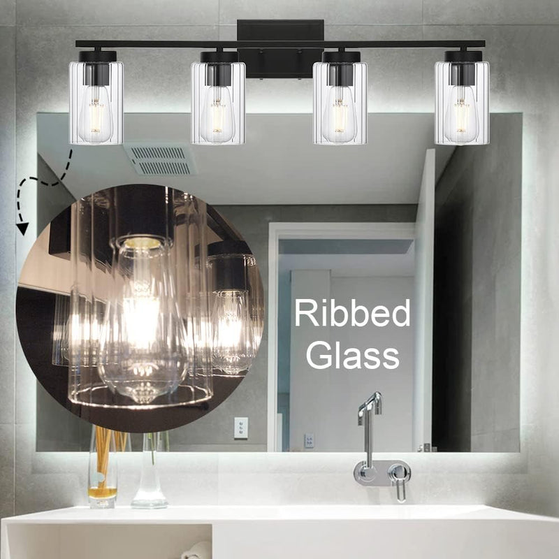 Industrial Bathroom Vanity Light 4 Light Bathroom Lighting Black Finish with Clear Ribbed Glass Shade Wall Lighting Fixtures for Bathroom Hallway Kitchen Living Room. - Puck's
