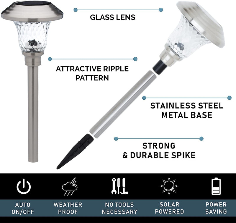 LED Auto Solar Powered Outdoor Path Lights with Watertight Lens for Garden Yard & Pathway, Bright Waterproof Landscape & Patio Lighting, Dusk to Dawn (Glass - White) - Puck's