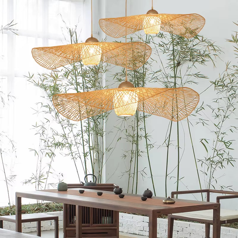 Chinese Bamboo Weaving Wicker Rattan Shade Cap Pendant Light E27 Lamps Lanterns Handmade Living Room Hotel Pendant Lamps - Puck's