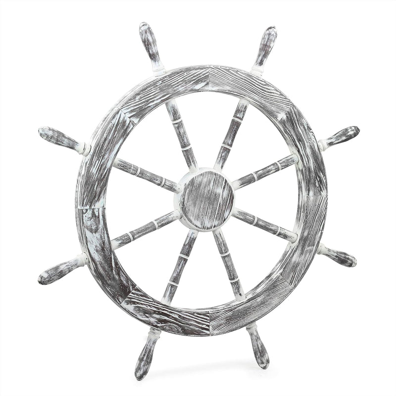 30" Antique White Nautical Decorative Premium Pine Wood Ship Wheel | Captain Maritime Beach Home Decor Gift - Puck's
