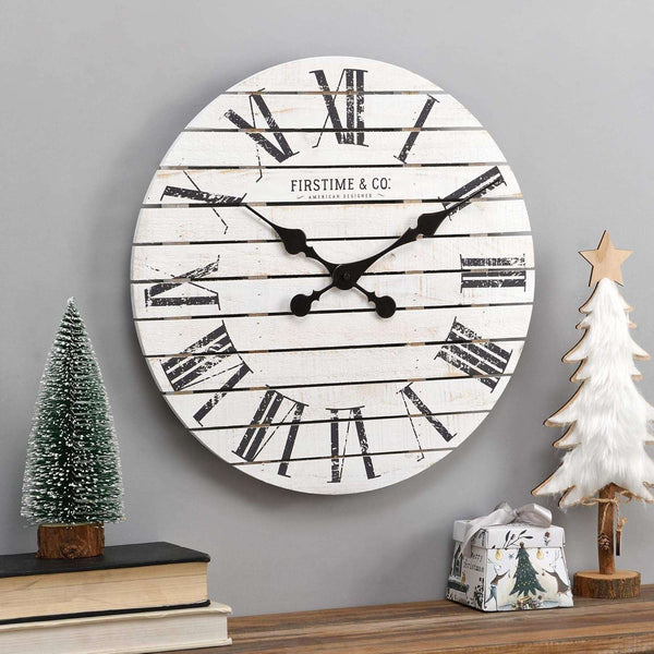 White Farmhouse Shiplap Wall Clock, Large Vintage Decor for Living Room, Home Office, Round, Wood, Boho, 18 Inches - Puck's
