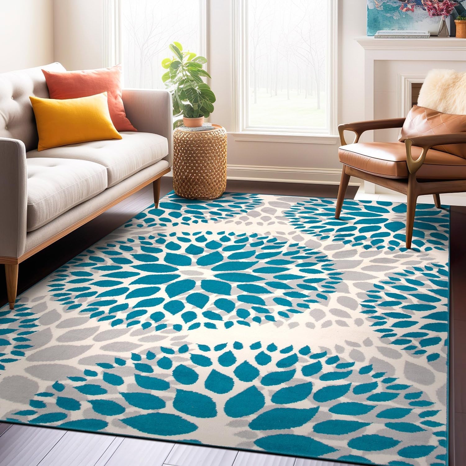 Modern Floral Circles Design for Living Room,Bedroom,Home Office,Kitchen Non Shedding Area Rug 3'1" X 5' Blue - Puck's