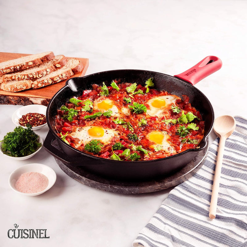 Cast Iron Skillet - 12"-Inch Frying Pan with Assist Handle + Red Silicone Grip Cover - Pre-Seasoned Oven Safe Cookware - Indoor/Outdoor Use - Grill, Stovetop, Induction, BBQ and Firepit Safe - Puck's
