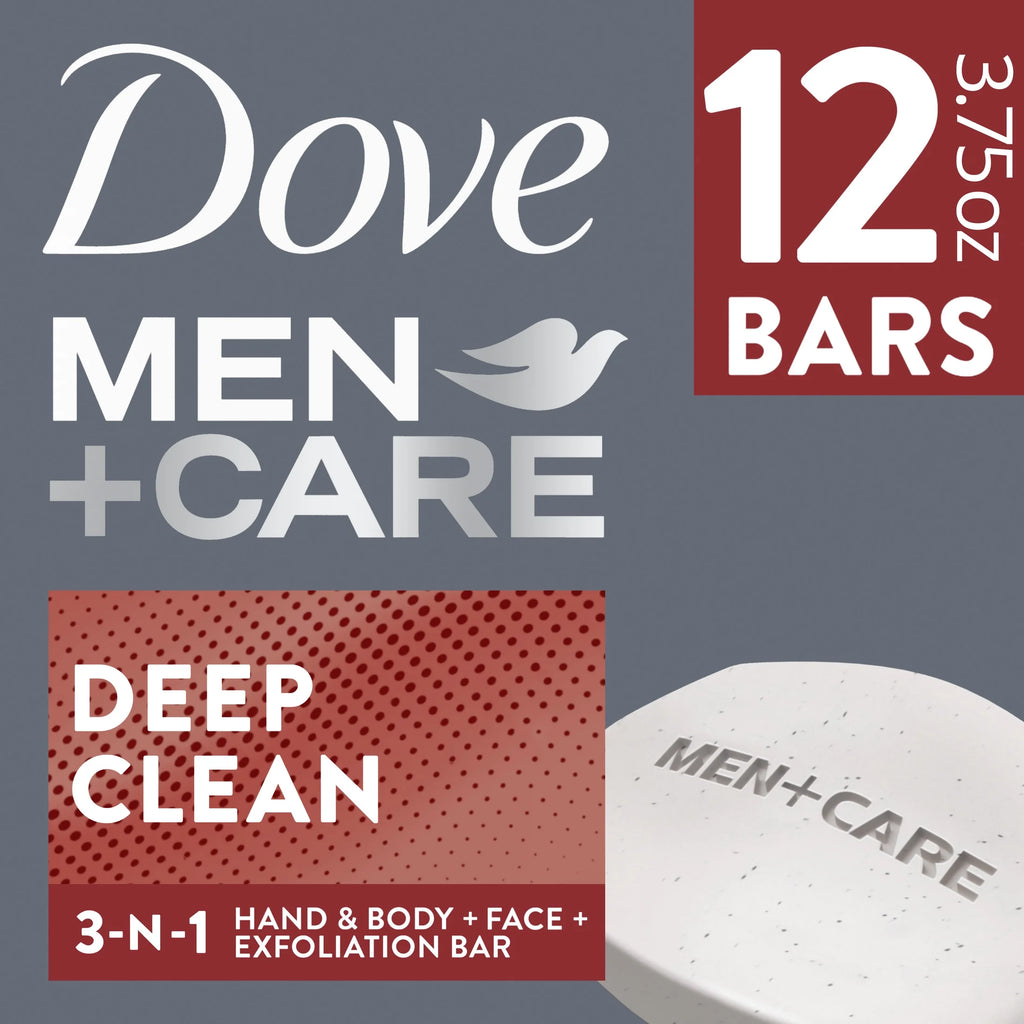 (4 Pack)  Men+Care 3-In-1 Hand & Body + Face + Exfoliation Bar for Dry Skin, Deep Clean, 3.75 Oz 12 Bars