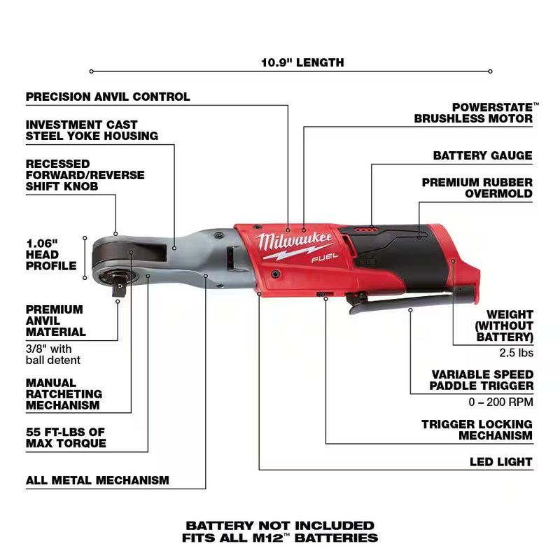 M12 FUEL 12V Lithium-Ion Brushless Cordless 3/8 In. Ratchet (Tool-Only) - Puck's