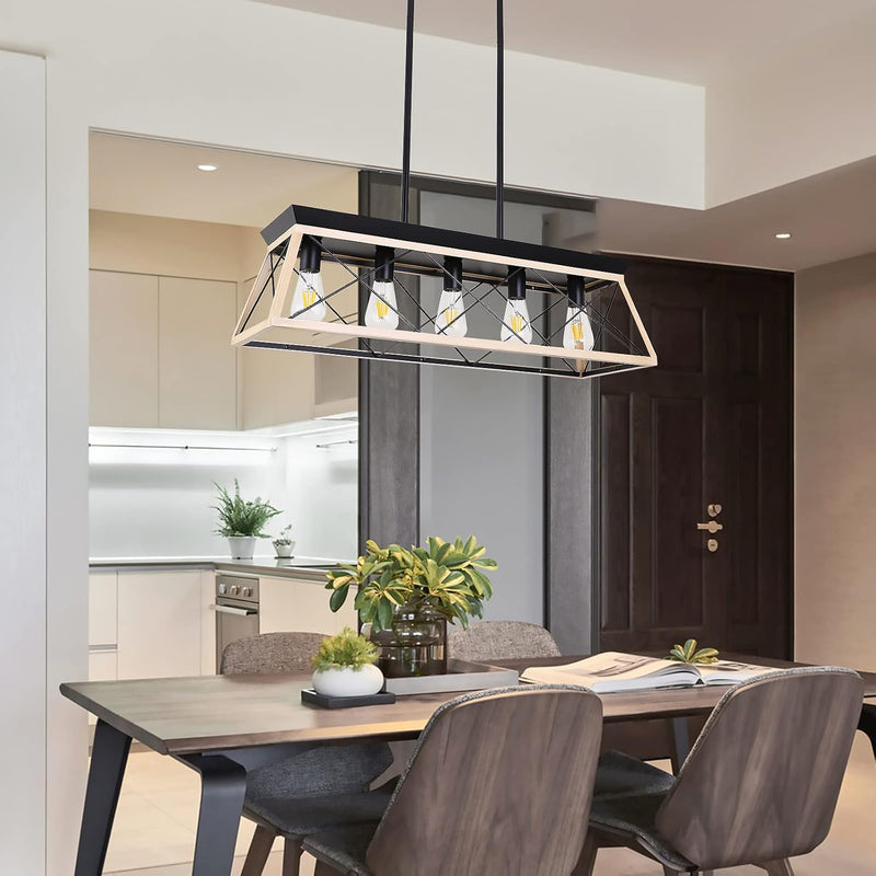 5-Light Kitchen Island Pendant Lighting, 31.5 Inch Farmhouse Chandelier,Rustic Linear Lighting Fixtures Ceiling, Dining Room Light Fixtures with White & Wood Painting - Puck's