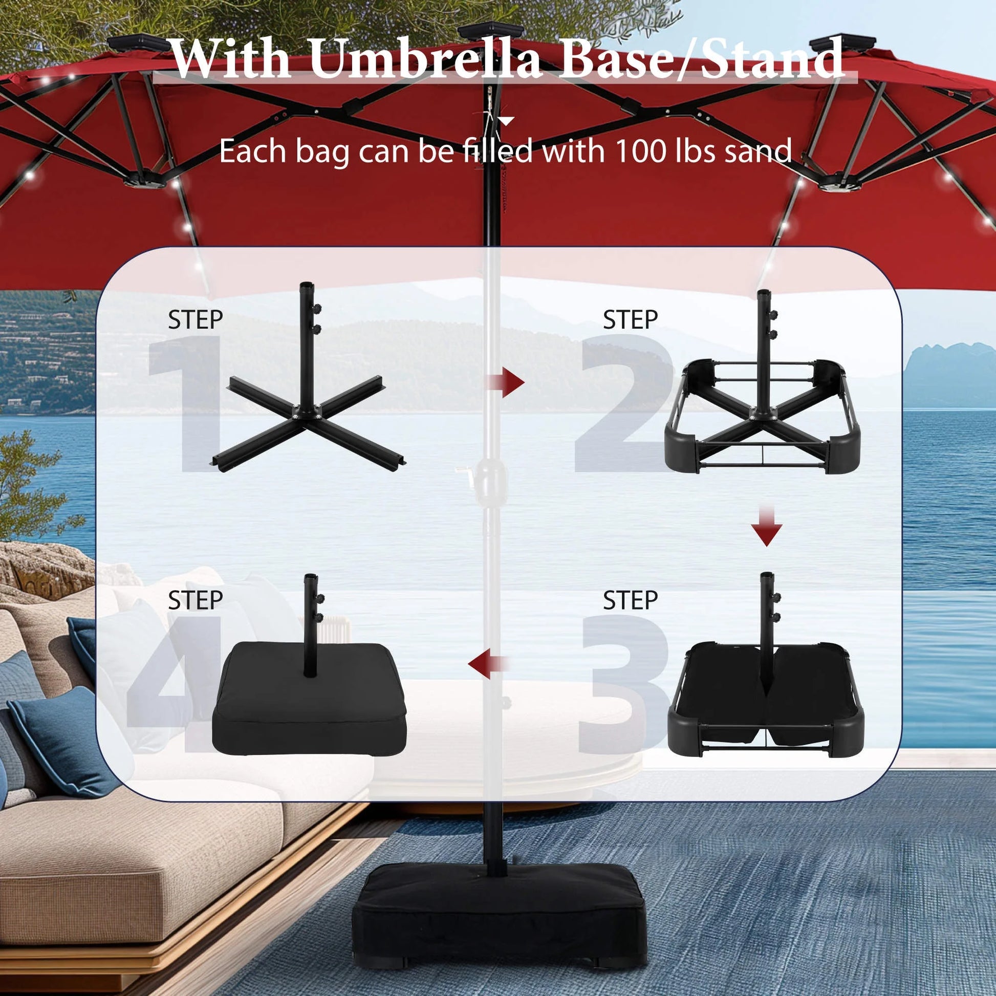 15Ft Double-Sided Solar Patio Umbrella with Base (Included) Large Outdoor Umbrella with Solar Lights - Burgundy - Puck's