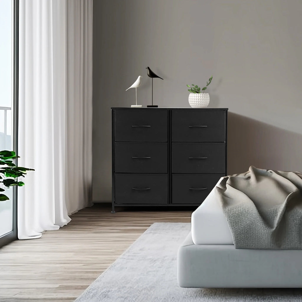 6 Drawer Dresser, Wide Chest of Drawers Nightstand Storage Tower Storage Dresser Fabric Dresser with Wood Top for Living Room, Bedroom, Hallway, Black - Puck's