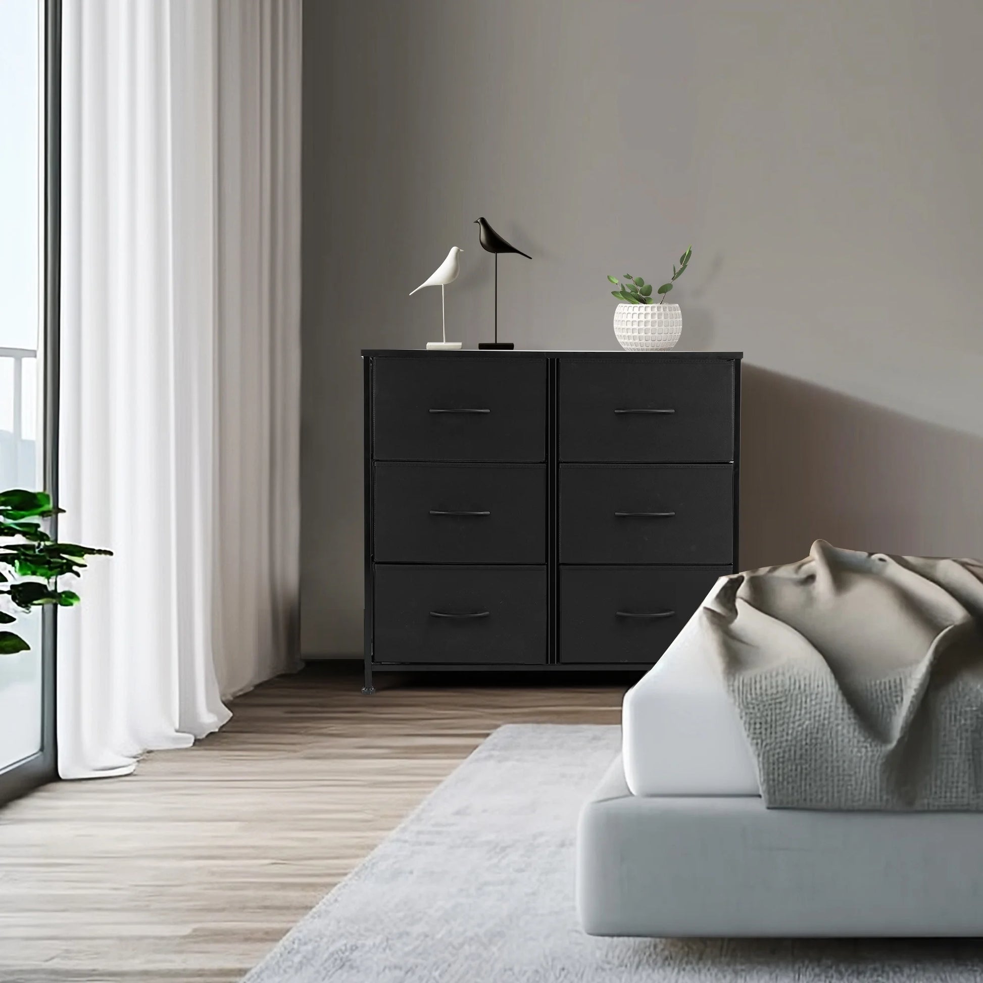 6 Drawer Dresser, Wide Chest of Drawers Nightstand Storage Tower Storage Dresser Fabric Dresser with Wood Top for Living Room, Bedroom, Hallway, Black - Puck's