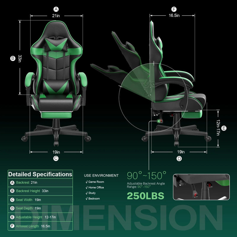 Gaming Chair with Footrest, Ergonomic Swivel Computer Game Chair, Gamer Chair with Headrest & Massage Lumbar Support, Office Desk Chairs, Green - Puck's