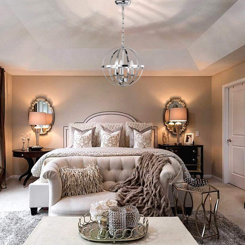 Modern Orb Chandelier - Small Globe Chandelier for Foyer, 3 Light Chrome Pendant for Kitchen - Puck's