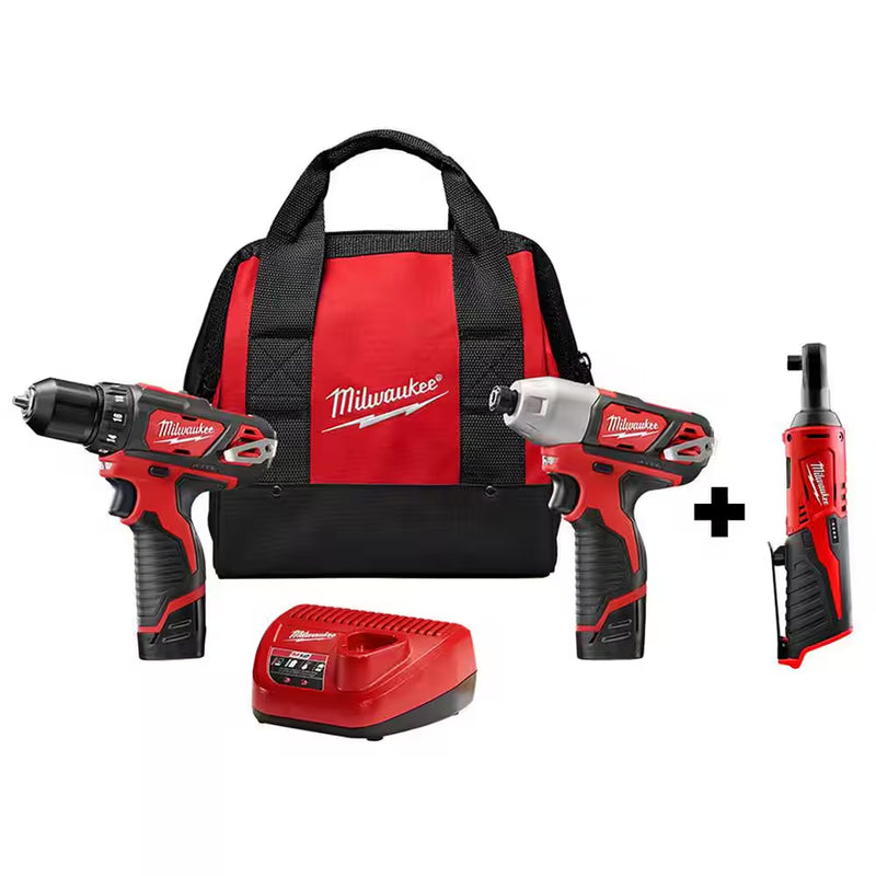 M12 12V Lithium-Ion Cordless Drill Driver, Impact Driver, and Ratchet Combo Kit (3-Tool) - Puck's