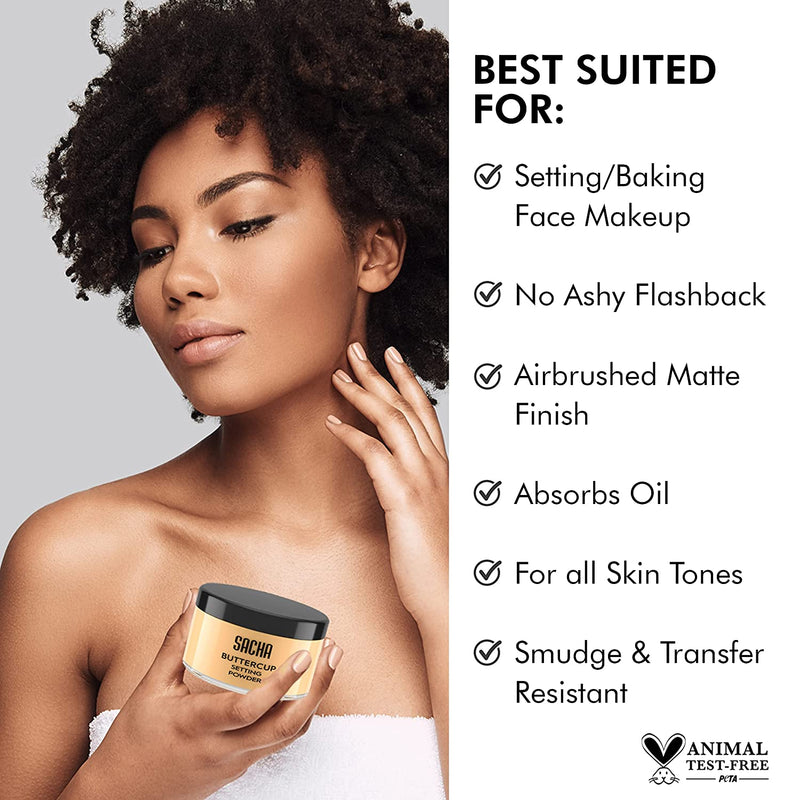 Sacha BUTTERCUP Setting Powder. No Ashy Flashback. Blurs Fine Lines and Pores. Loose, Translucent Face Powder to Set Makeup Foundation or Concealer. for Medium to Dark Skin Tones, 1.75 Oz. - Puck's