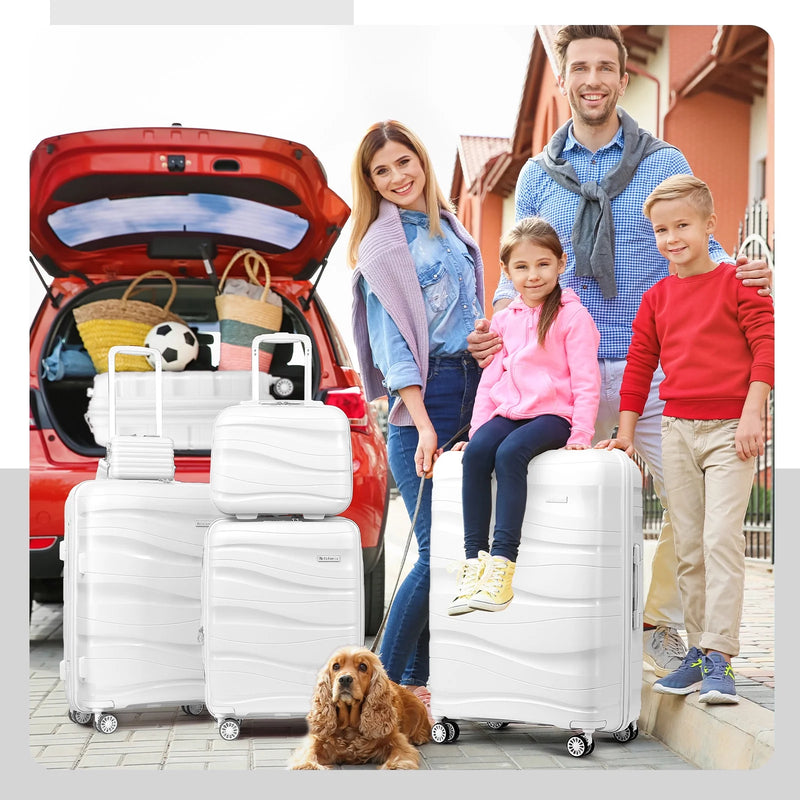 5 Piece Luggage Set PP Hardside Spinner Luggage - (Expandable Carry-On Suitcase20")( 24" 28")-White - Puck's